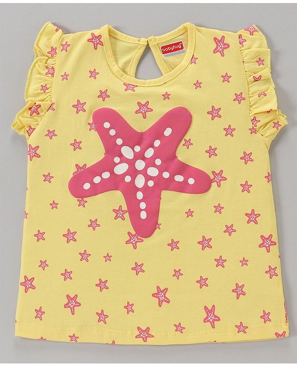 Babyhug Short Sleeves Cotton Striped and Star Graphics Top Pack of 2 - Yellow Peach
