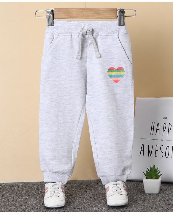 Babyhug Full Length Ribbed Waist Lounge Pant Heart Print - Grey