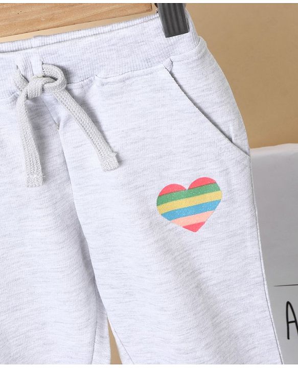 Babyhug Full Length Ribbed Waist Lounge Pant Heart Print - Grey
