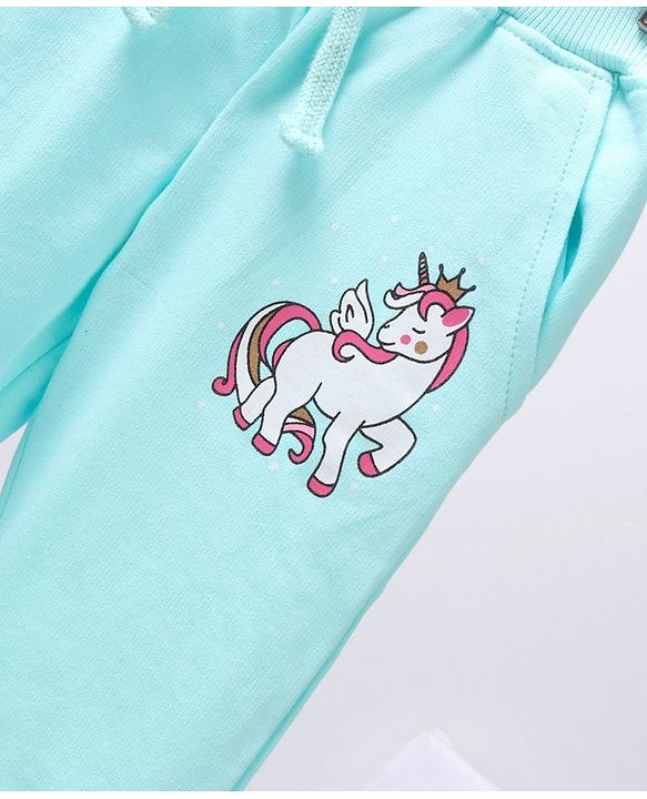 Babyhug Full Length Knit Lounge Pants Unicorn Patch - Blue