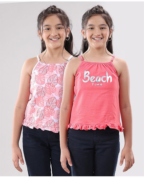 Pine Kids Singlet Sleeves Bio Washed Top Palm Leaves & Text Print Pack of 2 - Coral White