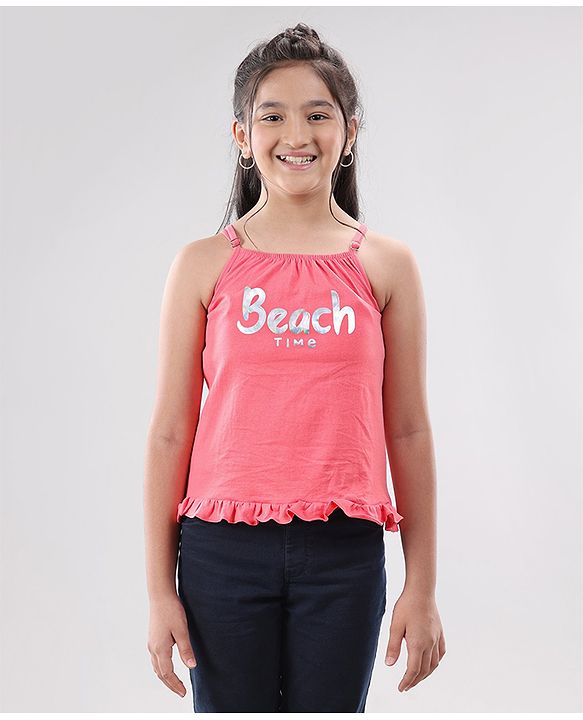 Pine Kids Singlet Sleeves Bio Washed Top Palm Leaves & Text Print Pack of 2 - Coral White