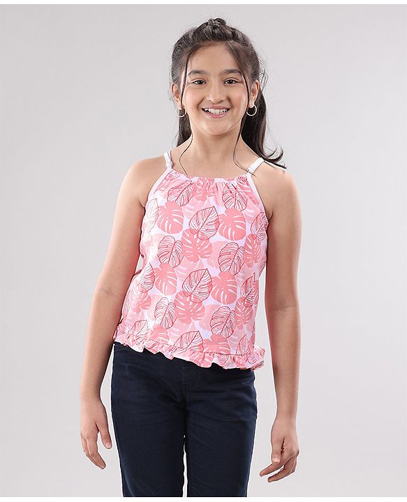 Pine Kids Singlet Sleeves Bio Washed Top Palm Leaves & Text Print Pack of 2 - Coral White