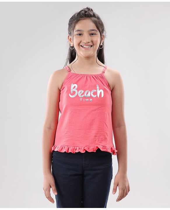 Pine Kids Singlet Sleeves Bio Washed Top Palm Leaves & Text Print Pack of 2 - Coral White