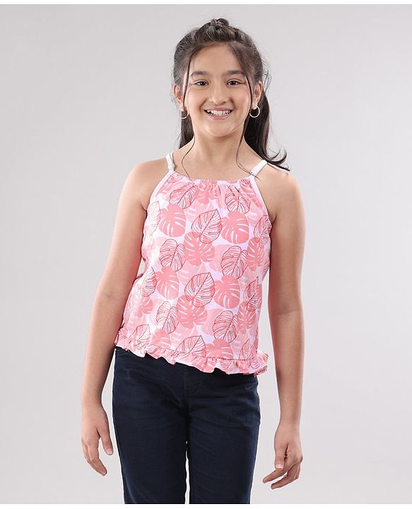 Pine Kids Singlet Sleeves Bio Washed Top Palm Leaves & Text Print Pack of 2 - Coral White