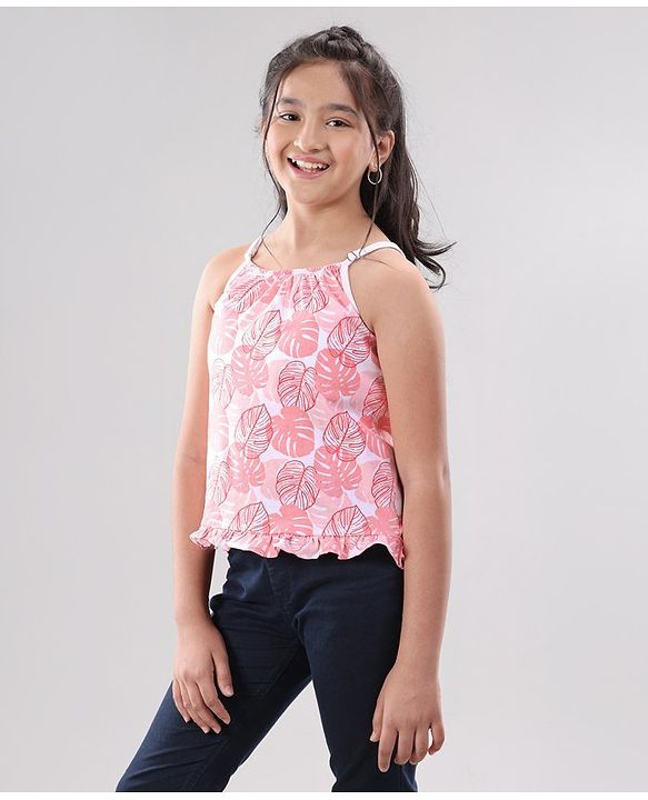 Pine Kids Singlet Sleeves Bio Washed Top Palm Leaves & Text Print Pack of 2 - Coral White