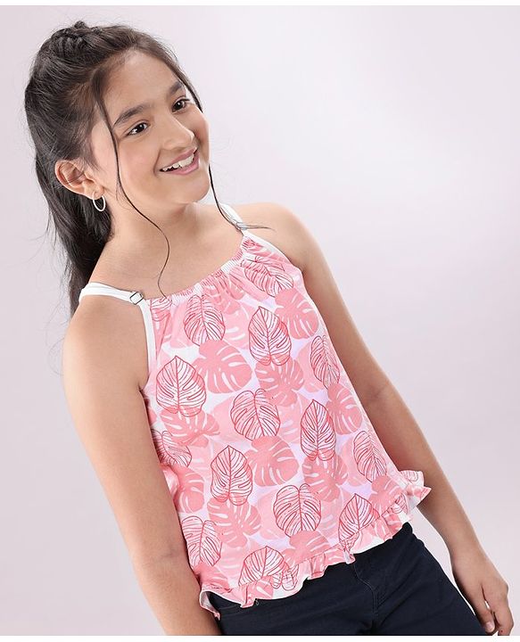 Pine Kids Singlet Sleeves Bio Washed Top Palm Leaves & Text Print Pack of 2 - Coral White