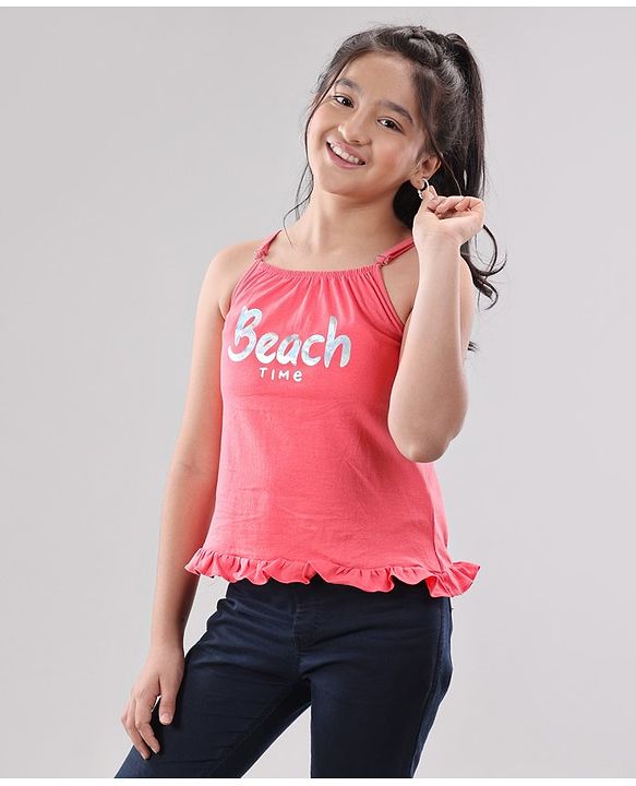 Pine Kids Singlet Sleeves Bio Washed Top Palm Leaves & Text Print Pack of 2 - Coral White