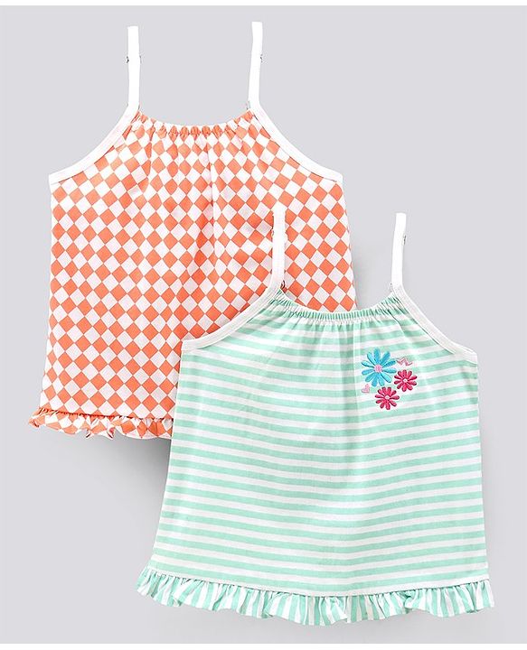 Pine Kids Singlet Sleeves Bio Washed Top Checks & Stripes Print Pack of 2 - White