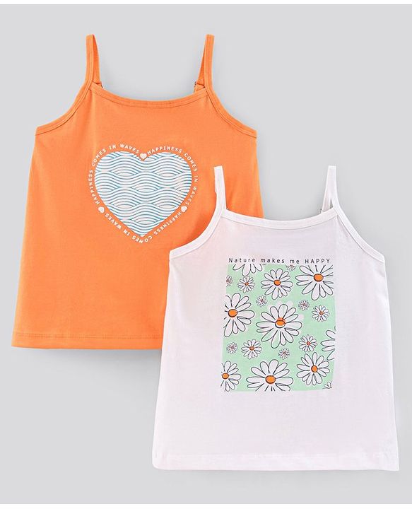 Pine Kids Singlet Sleeves Biowashed Tops Heart & Floral Print Pack Of 2 - Orange White