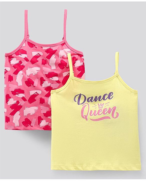 Pine Kids Singlet Sleeves Bio Washed T-Shirt Abstract & Text Print Pack of 2 - Pink Yellow