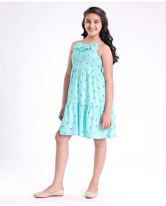 Pine Kids Rayon Woven Sleeveless Frock Dress Flamingo Print - Turquoise Blue
