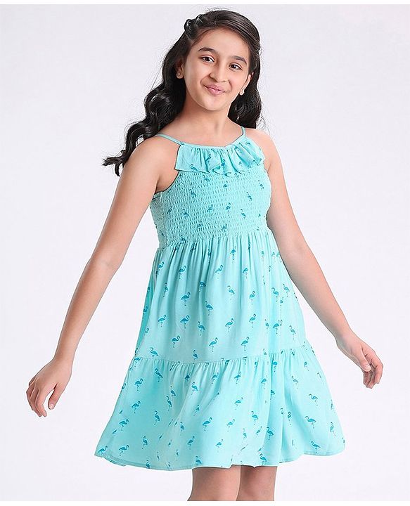 Pine Kids Rayon Woven Sleeveless Frock Dress Flamingo Print - Turquoise Blue