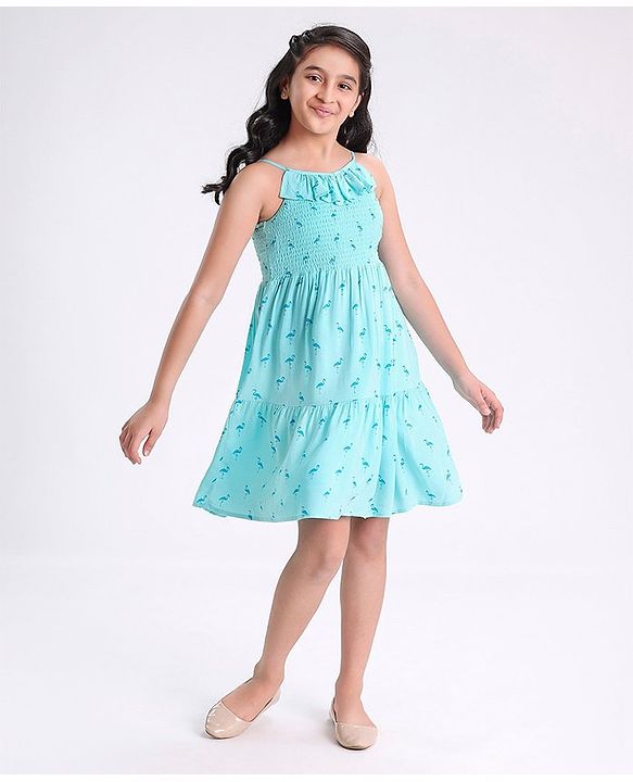 Pine Kids Rayon Woven Sleeveless Frock Dress Flamingo Print - Turquoise Blue