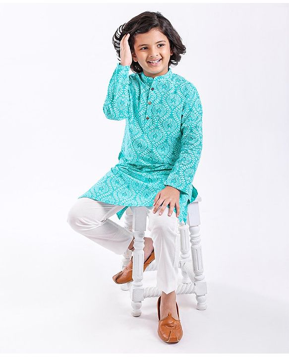 Pine Kids Full Sleeves Printed Kurta & Pyjama Set - Turquoise