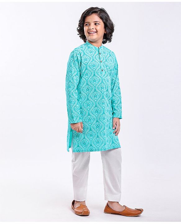 Pine Kids Full Sleeves Printed Kurta & Pyjama Set - Turquoise