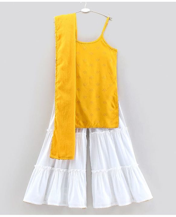 Pine Kids Singlet Sleeves Printed Kurta with Sharara and Bordered Dupatta - Yellow
