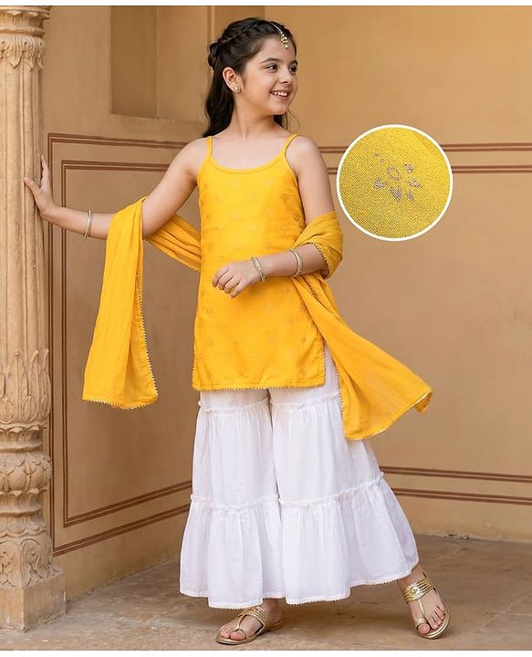 Pine Kids Singlet Sleeves Printed Kurta with Sharara and Bordered Dupatta - Yellow