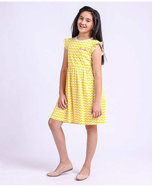 Pine Kids Cap Sleeves Frock Zig Zag Print - Yellow