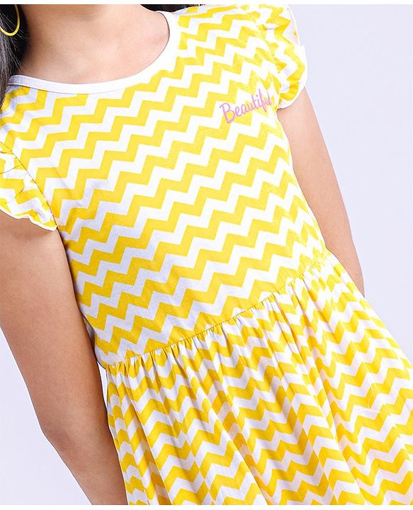 Pine Kids Cap Sleeves Frock Zig Zag Print - Yellow