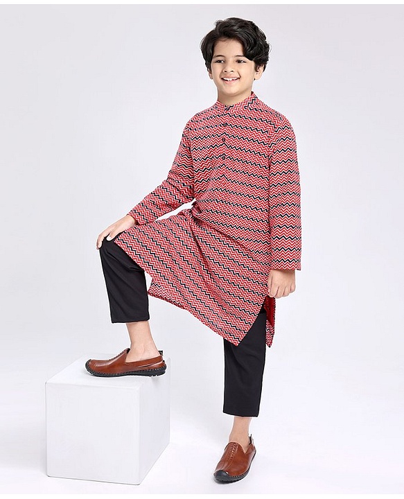 Pine Kids Full Sleeves Chevron Printed Kurta Pyjama Set - Red