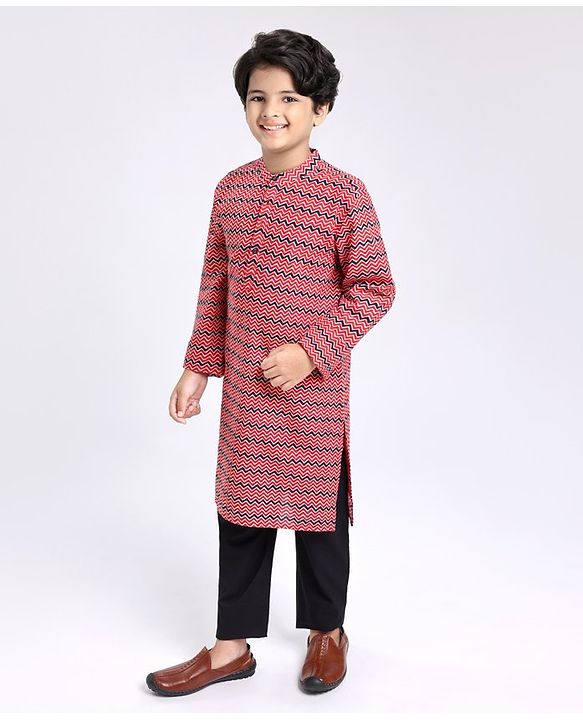 Pine Kids Full Sleeves Chevron Printed Kurta Pyjama Set - Red