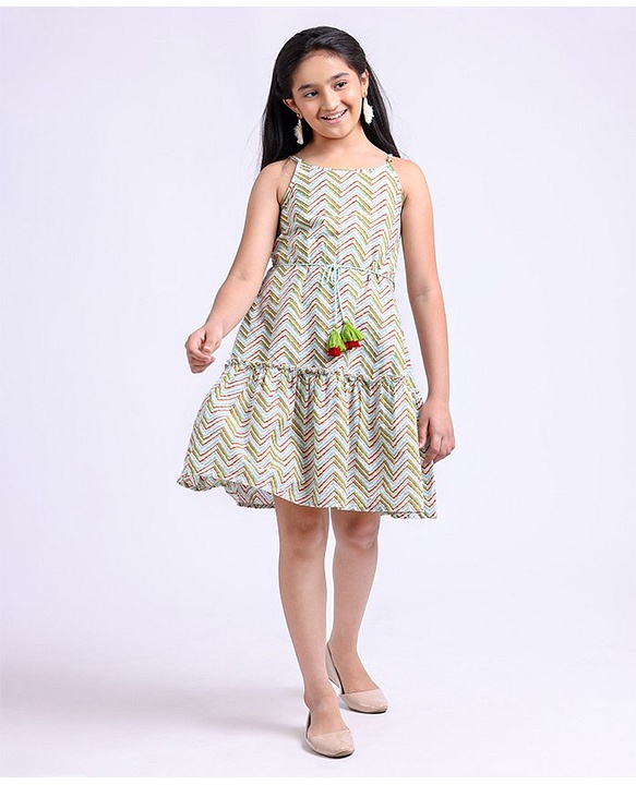 Pine Kids Singlet Sleeves All Over Printed Ethnic Dress - White