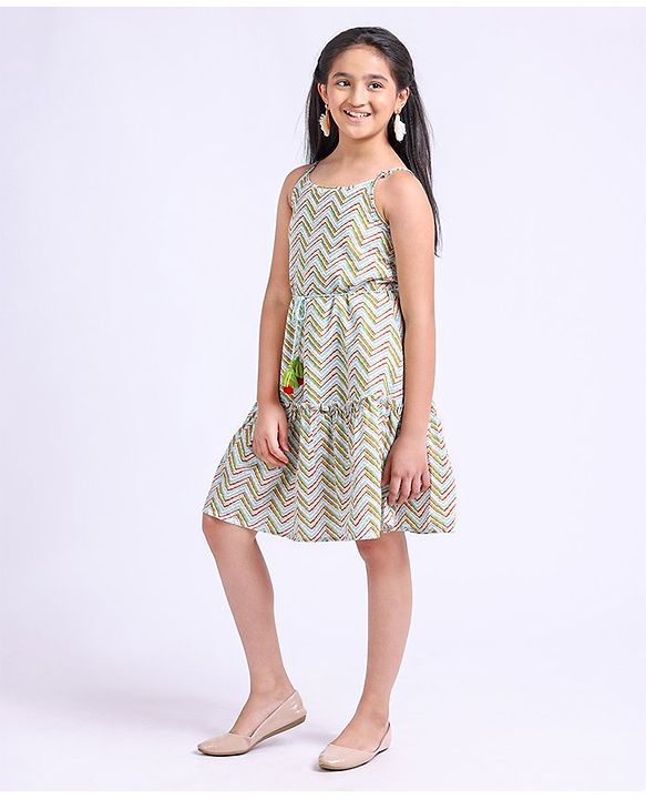 Pine Kids Singlet Sleeves All Over Printed Ethnic Dress - White