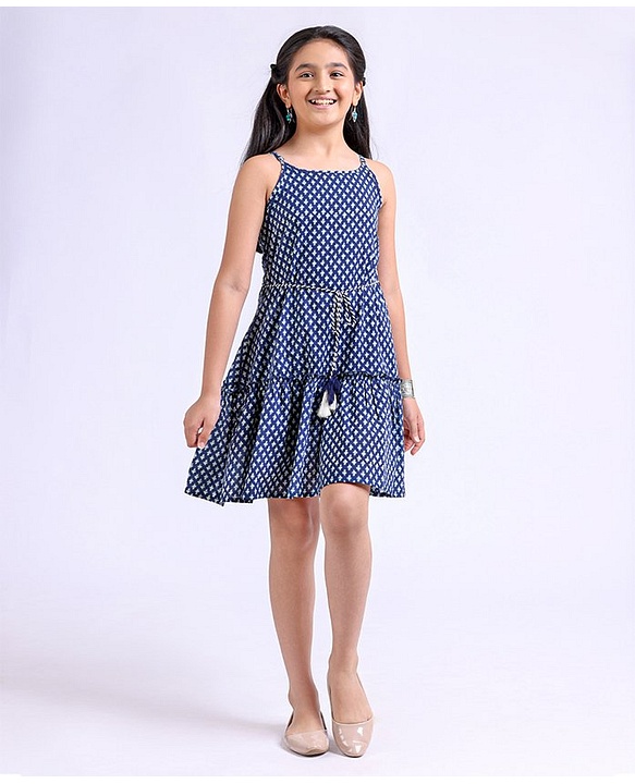 Pine Kids Singlet Sleeves Cotton Printed Ethnic Dress - Blue