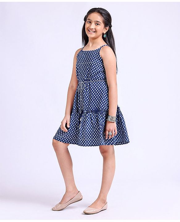 Pine Kids Singlet Sleeves Cotton Printed Ethnic Dress - Blue