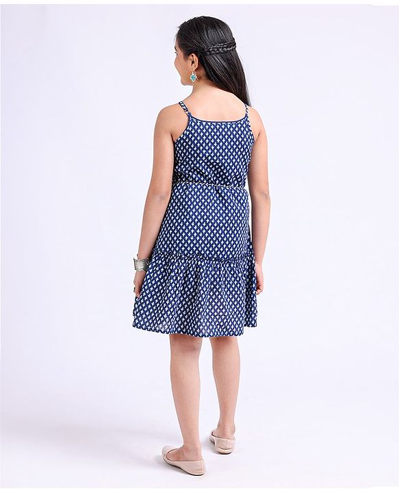 Pine Kids Singlet Sleeves Cotton Printed Ethnic Dress - Blue