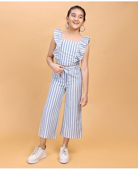 Pine Kids Frilled Sleeves Striped Top And Pant Set - Blue White