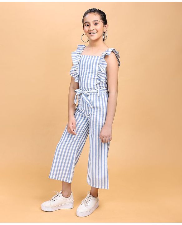 Pine Kids Frilled Sleeves Striped Top And Pant Set - Blue White