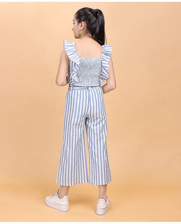 Pine Kids Frilled Sleeves Striped Top And Pant Set - Blue White