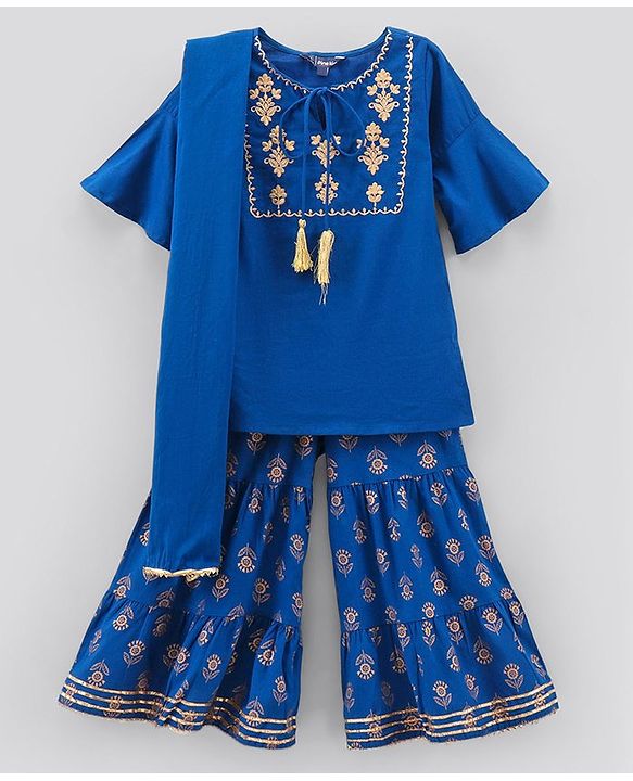 Pine Kids Kurti & Sharara Set with Dupatta Printed- Blue