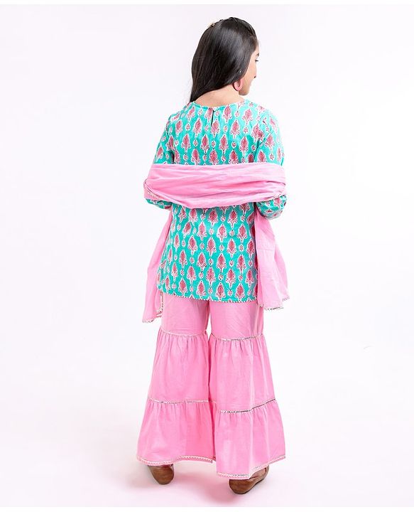 Pine Kids Full Sleeves Cotton Kurti & Palazzo With Dupatta Sequin Detailing With Ethnic Prints - Green Pink