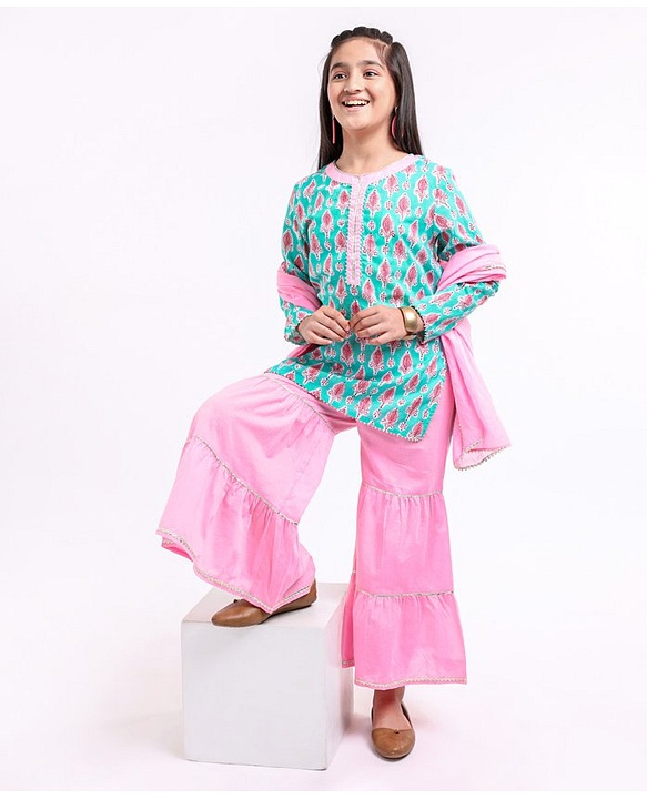 Pine Kids Full Sleeves Cotton Kurti & Palazzo With Dupatta Sequin Detailing With Ethnic Prints - Green Pink