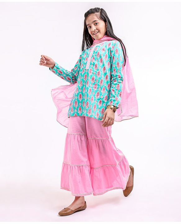 Pine Kids Full Sleeves Cotton Kurti & Palazzo With Dupatta Sequin Detailing With Ethnic Prints - Green Pink