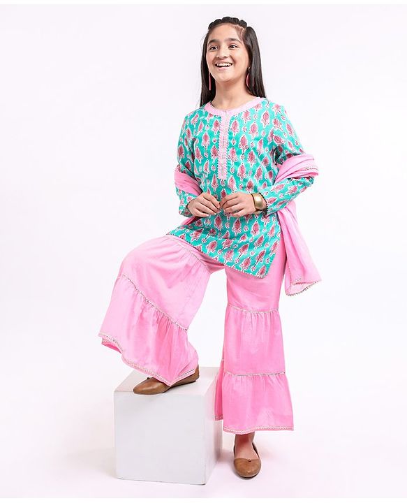 Pine Kids Full Sleeves Cotton Kurti & Palazzo With Dupatta Sequin Detailing With Ethnic Prints - Green Pink