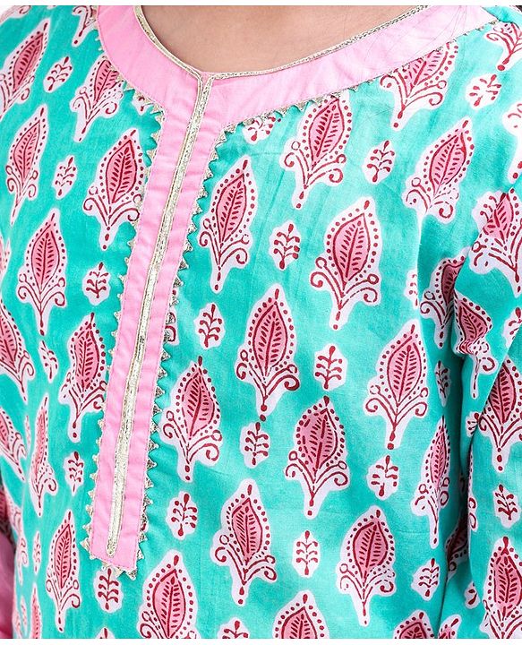 Pine Kids Full Sleeves Cotton Kurti & Palazzo With Dupatta Sequin Detailing With Ethnic Prints - Green Pink