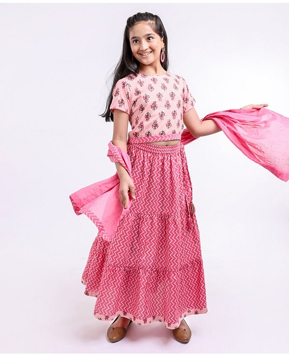 Pine Kids Half Sleeves Choli & Lehenga Set With Dupatta Printed - Pink
