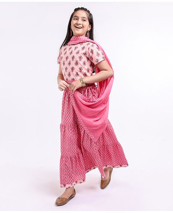 Pine Kids Half Sleeves Choli & Lehenga Set With Dupatta Printed - Pink