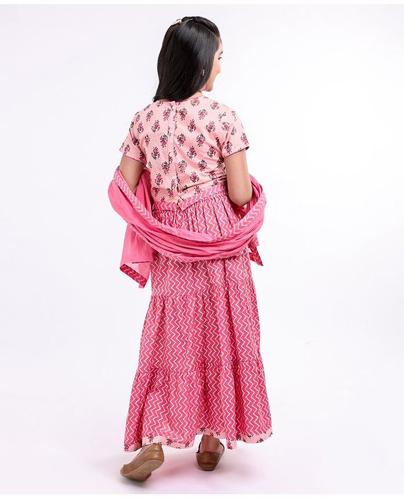 Pine Kids Half Sleeves Choli & Lehenga Set With Dupatta Printed - Pink