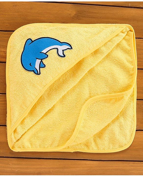 Babyhug Hooded Woven Terry Towel Dolphin Print - Yellow