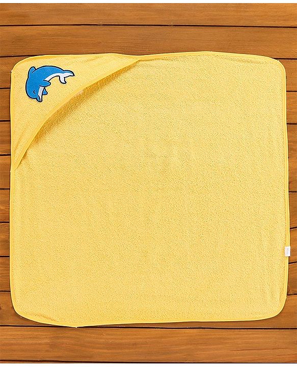 Babyhug Hooded Woven Terry Towel Dolphin Print - Yellow