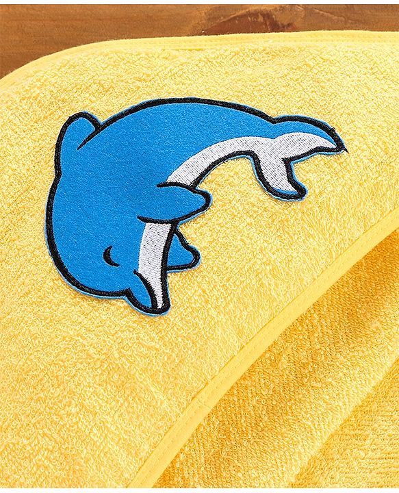 Babyhug Hooded Woven Terry Towel Dolphin Print - Yellow