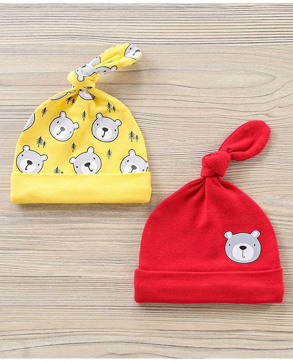 Babyhug 100% Cotton Caps Bear Print Pack of 2 - Yellow Red