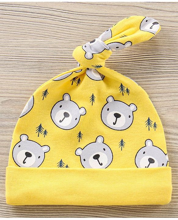 Babyhug 100% Cotton Caps Bear Print Pack of 2 - Yellow Red