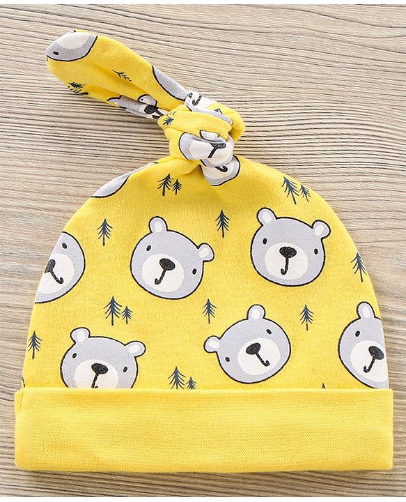 Babyhug 100% Cotton Caps Bear Print Pack of 2 - Yellow Red