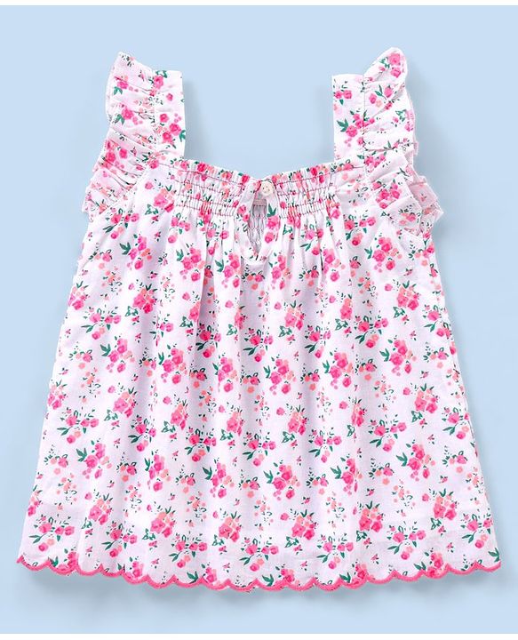 Babyhug Frill Sleeves Printed Cotton Cambric Top With Scalloped Embroidery At Hemline And Smocking-White Pink